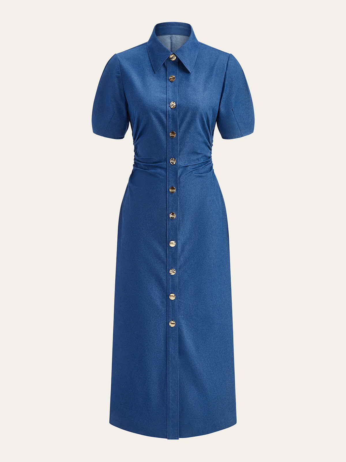 Ruched Polo-Collar Button-Front Midi Dress - Wholesalesil