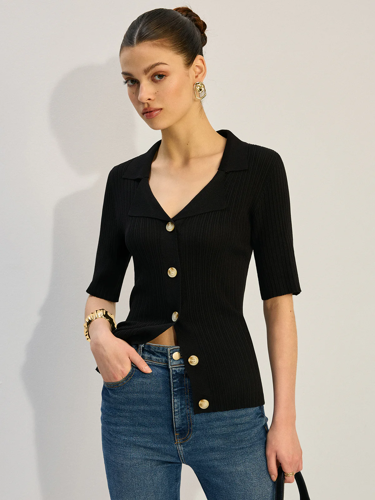 Knit Button-Up Blouse - Wholesalesil