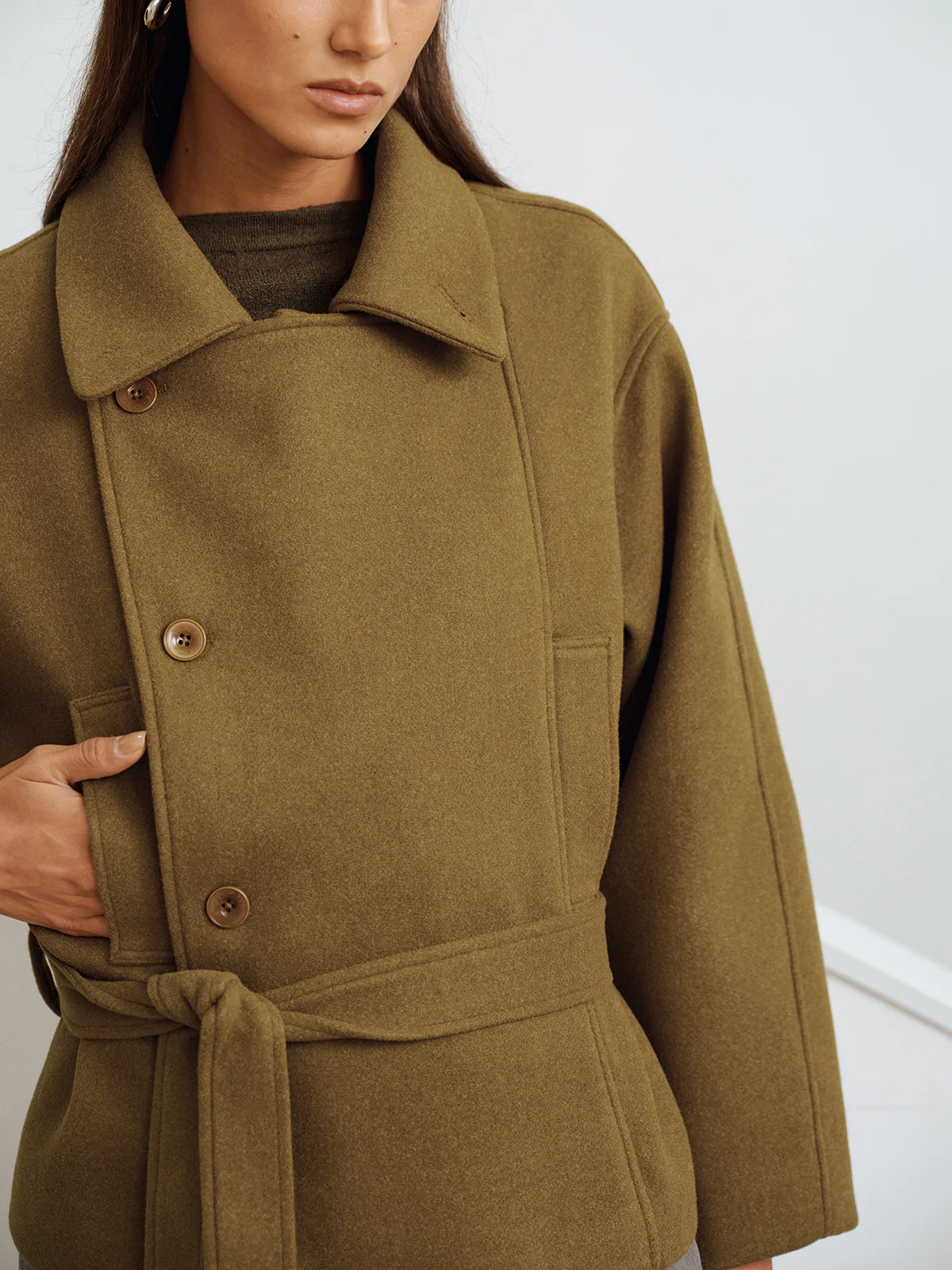Belted Faux Cashmere Collared Coat - Wholesalesil