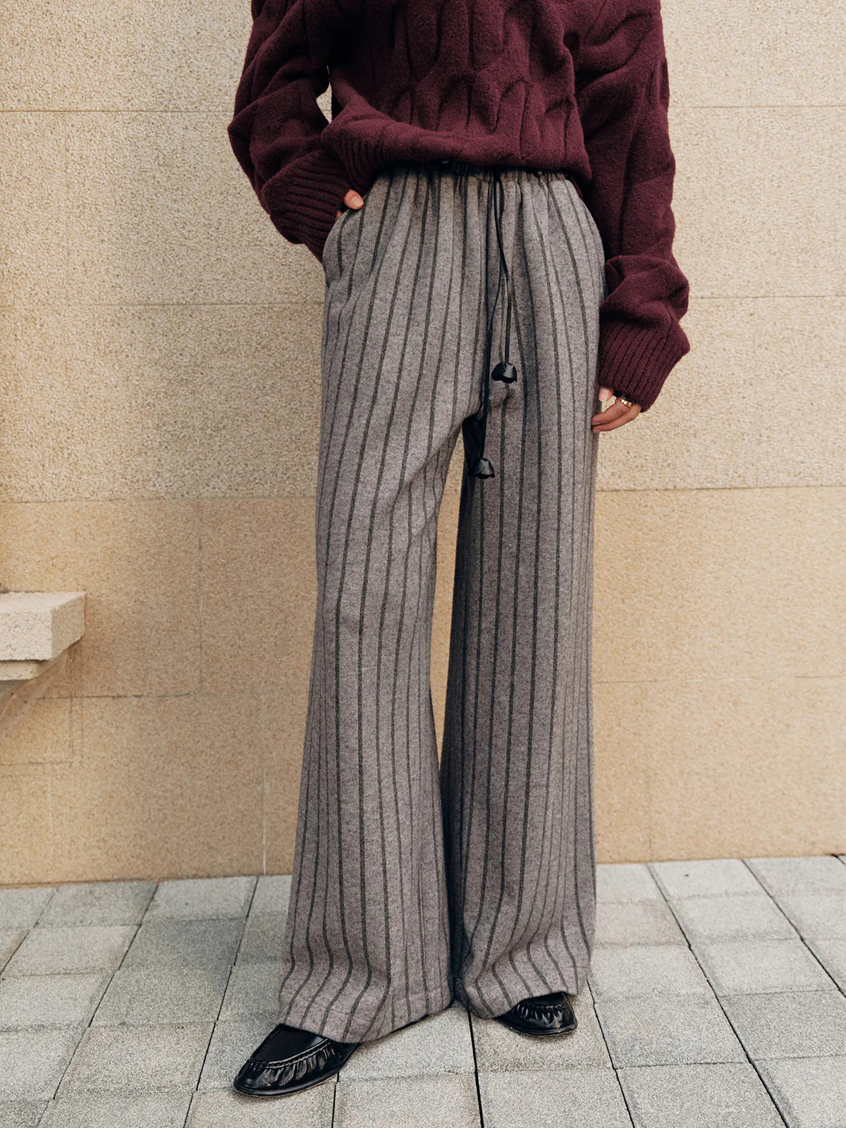 Tweed Striped Drawstring Wide-Leg Pants - Wholesalesil