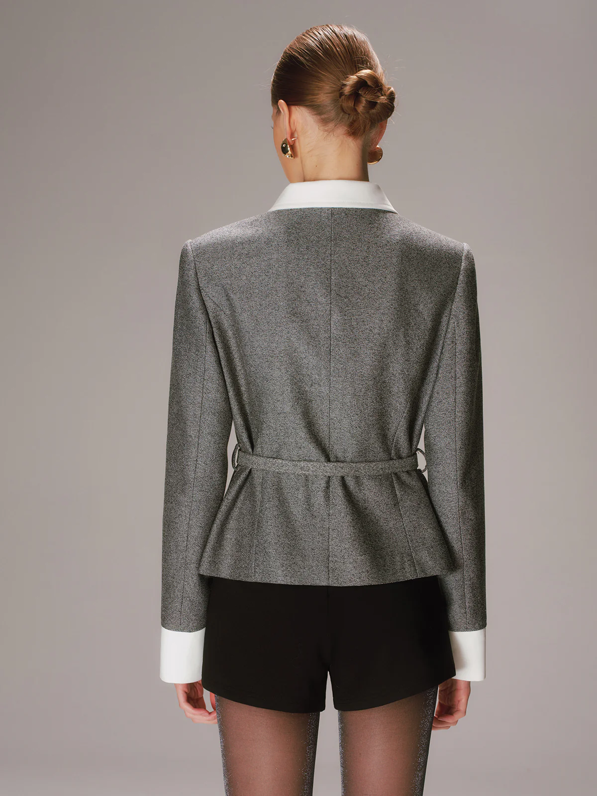 Belted Contrast Collar Tweed Blazer - Wholesalesil