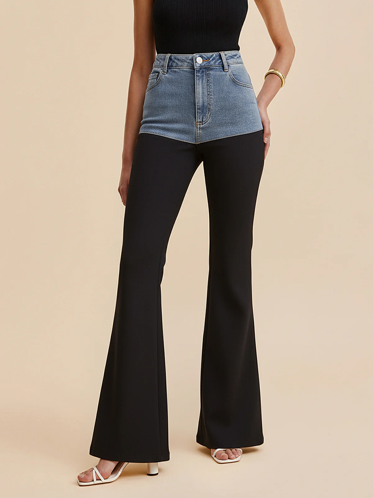 Mid-Waist Denim Panel Flared Pants - Wholesalesil
