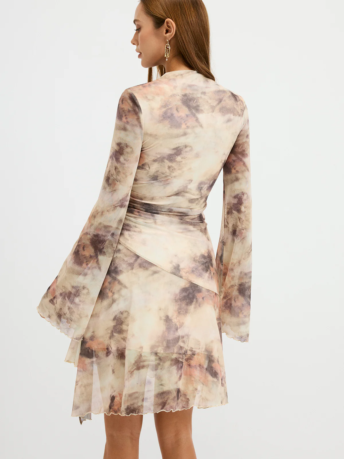 Tie-Dye Print Flared Sleeve Ruched Mini Dress - Wholesalesil