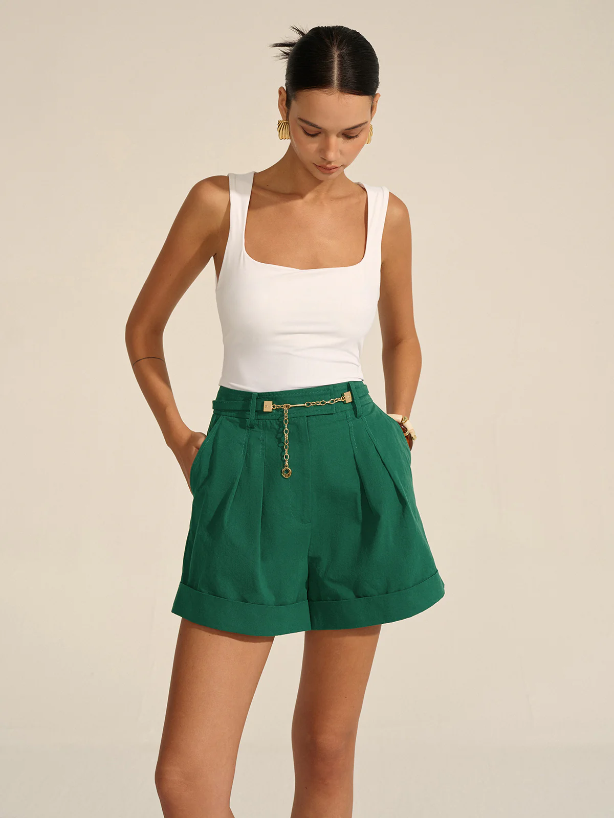 Pleated Cuffed Shorts with Gold Chain Detail - Wholesalesil