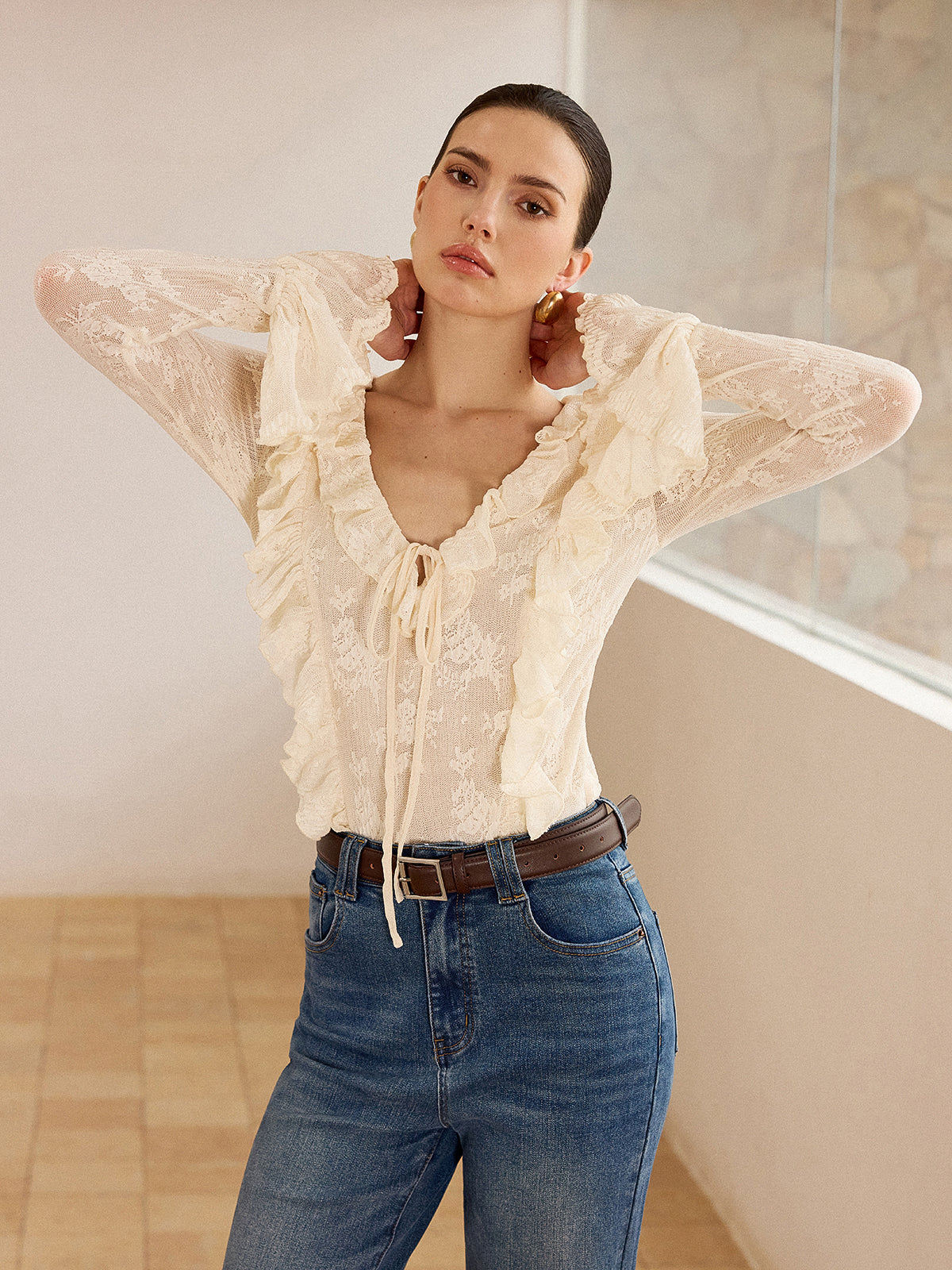 Semi-Sheer Lace Ruffle Trim V-Neck Blouse - Wholesalesil