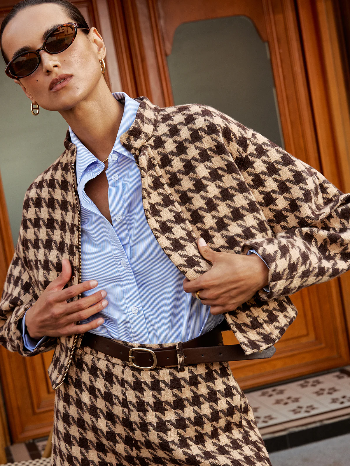 Houndstooth Stand-Collar Jacket - Wholesalesil