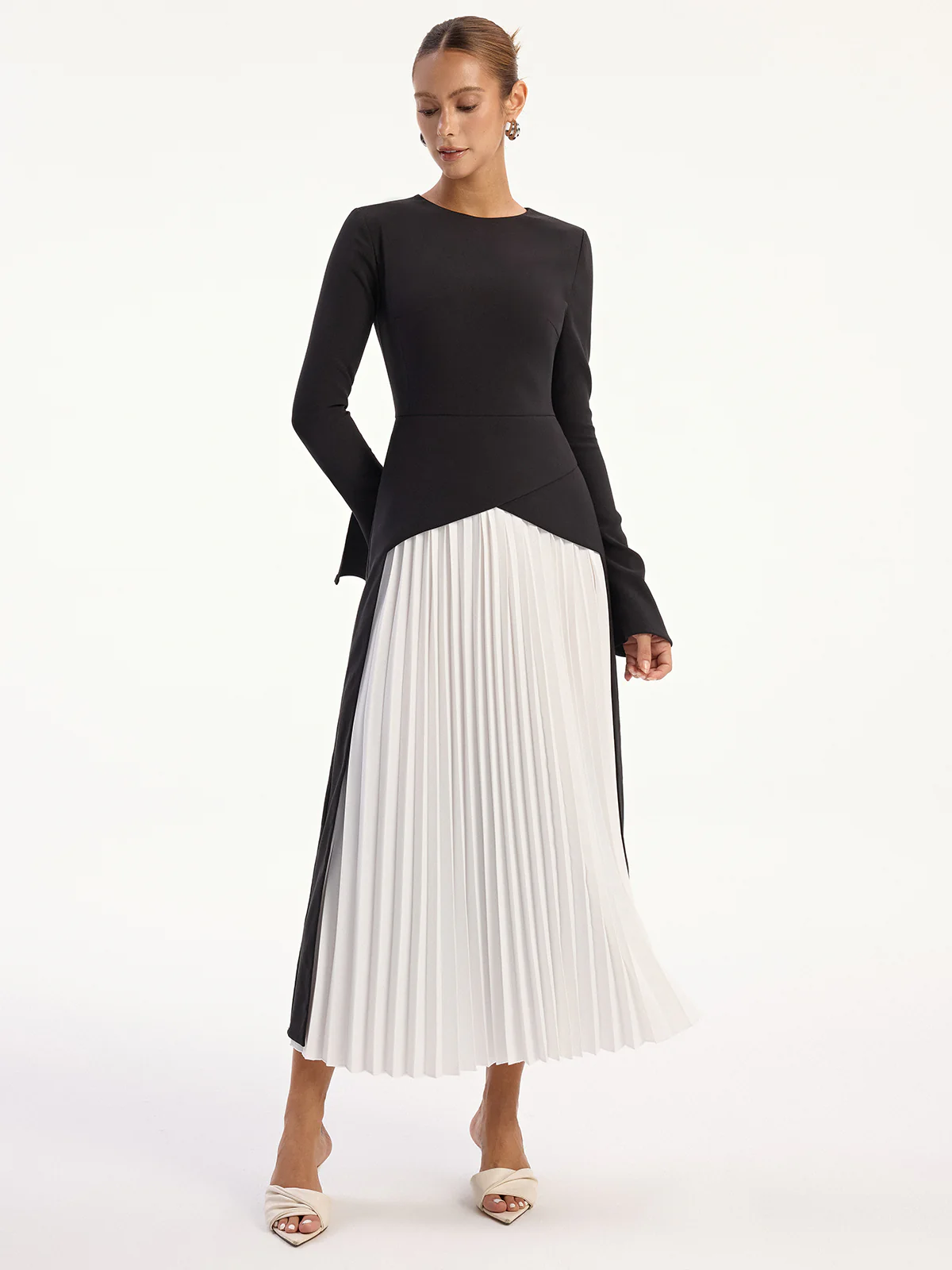 Two-Tone Long Sleeve Pleated Midi Dress - Wholesalesil