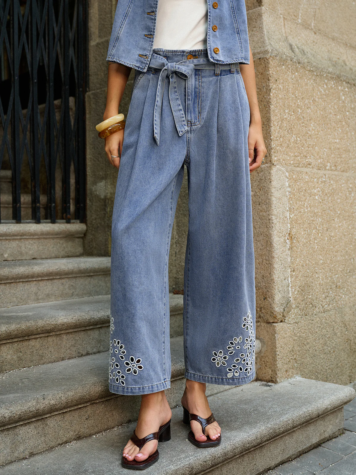 Denim Embroidery Tie-Waist Pants - Wholesalesil