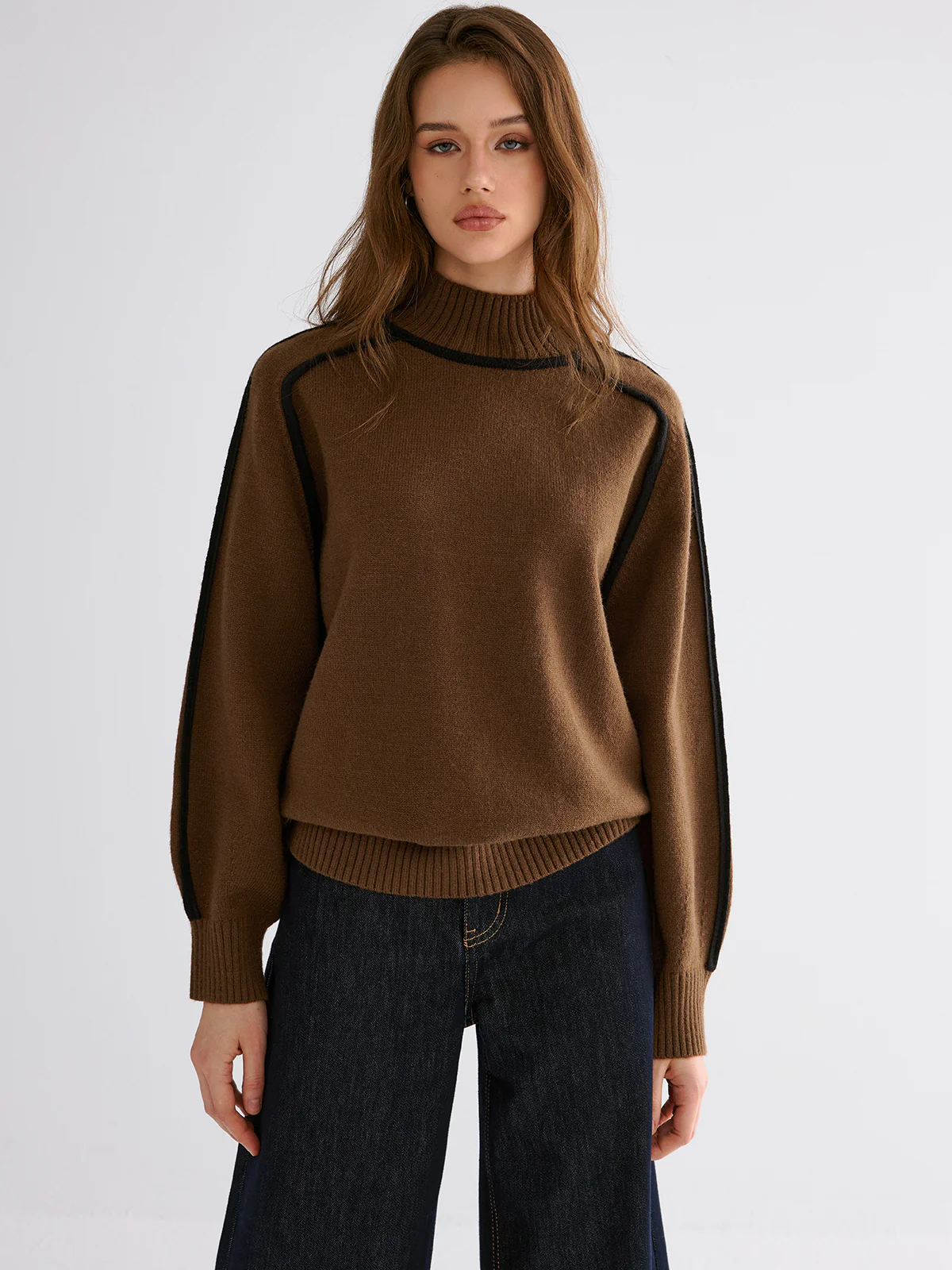 Knit Contrast Binding High Neck Sweater - Wholesalesil