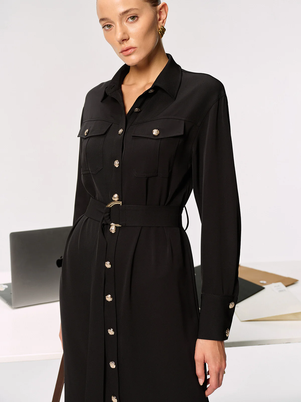 Metal Button-Front Belted Shirt Dress - Wholesalesil