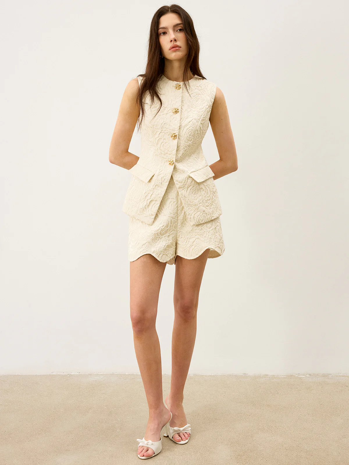 Wool-Blend Textured Jacquard Shorts with Metal Decor - Wholesalesil