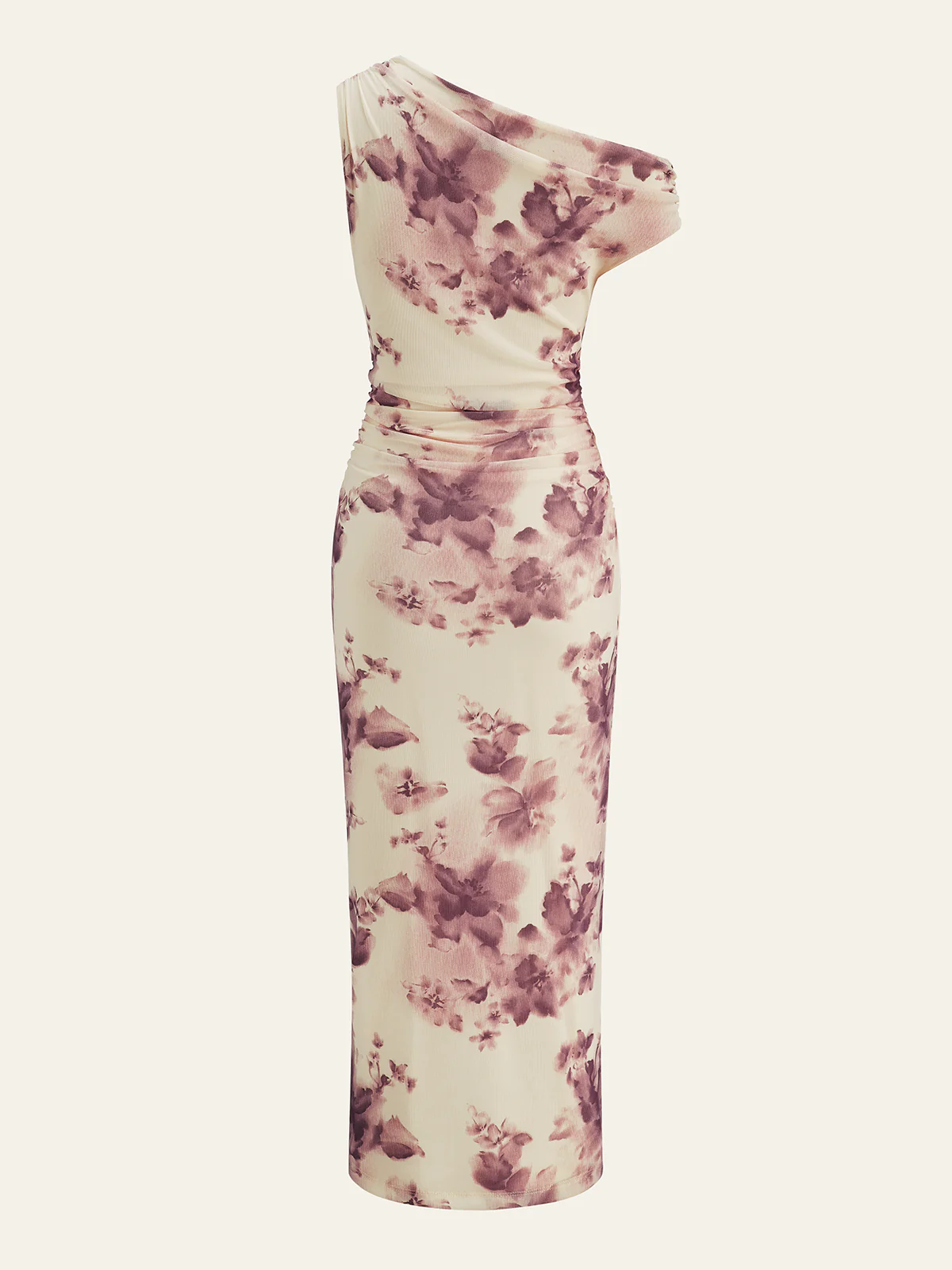 Semi-Sheer One-Shoulder Ruched Floral Print Midi Dress - Wholesalesil
