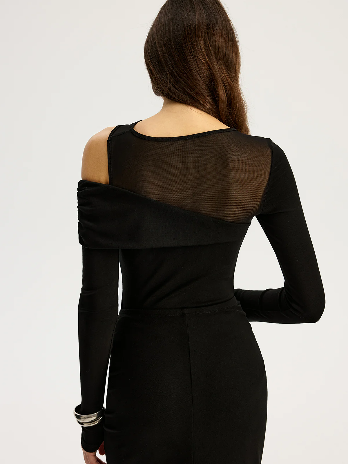 Mesh Paneled Cold-Shoulder Bodysuit - Wholesalesil