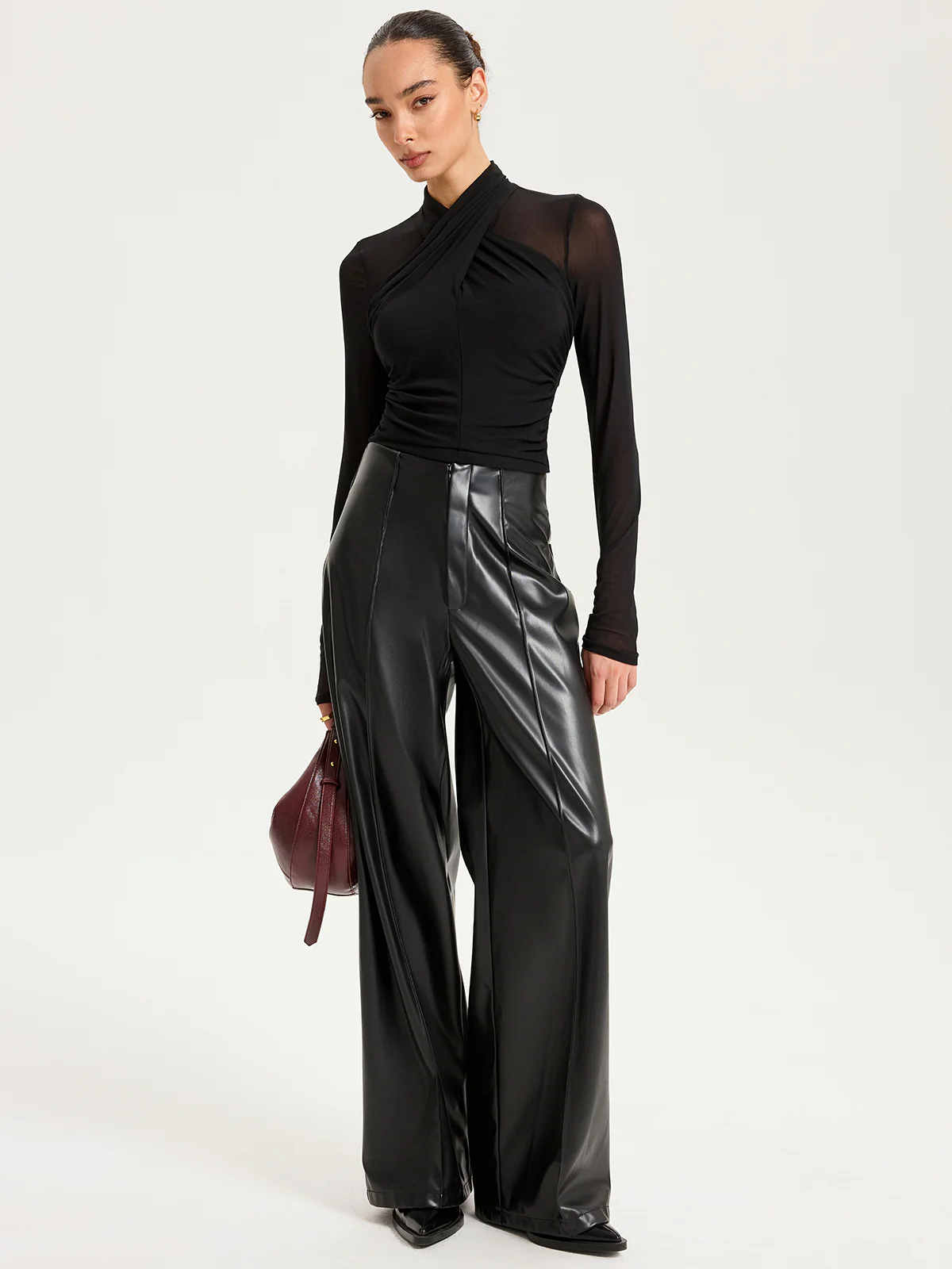 Cross-Front Sheer Mesh Long-Sleeve Top - Wholesalesil