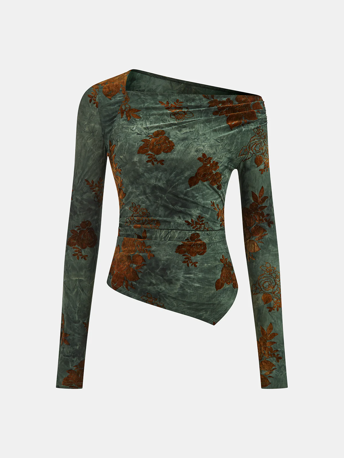 Floral Asymmetric Ruffle Long Sleeve Top - Wholesalesil