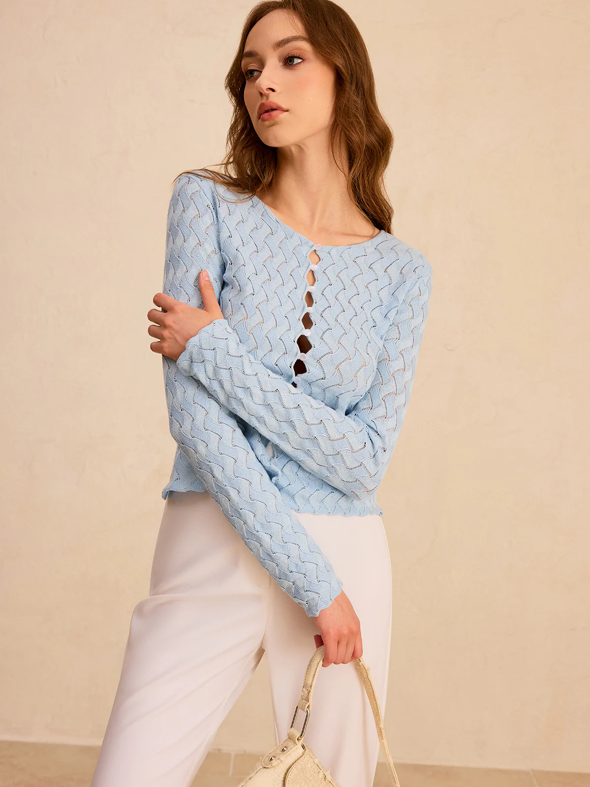 Wave Patterned Button Knit Cardigan - Wholesalesil