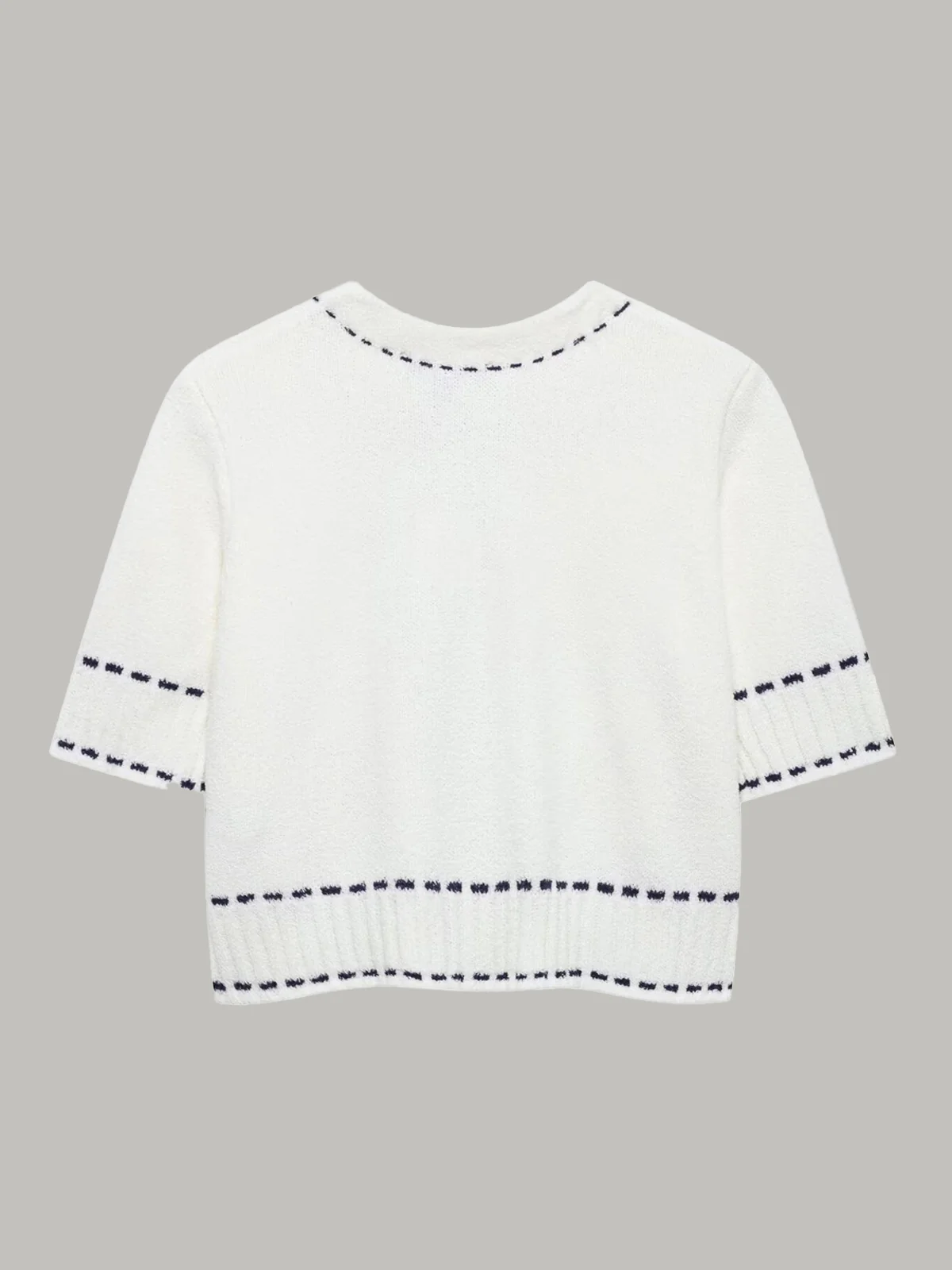 Short-Sleeved Cropped Cardigan with Contrast Stitching - Wholesalesil