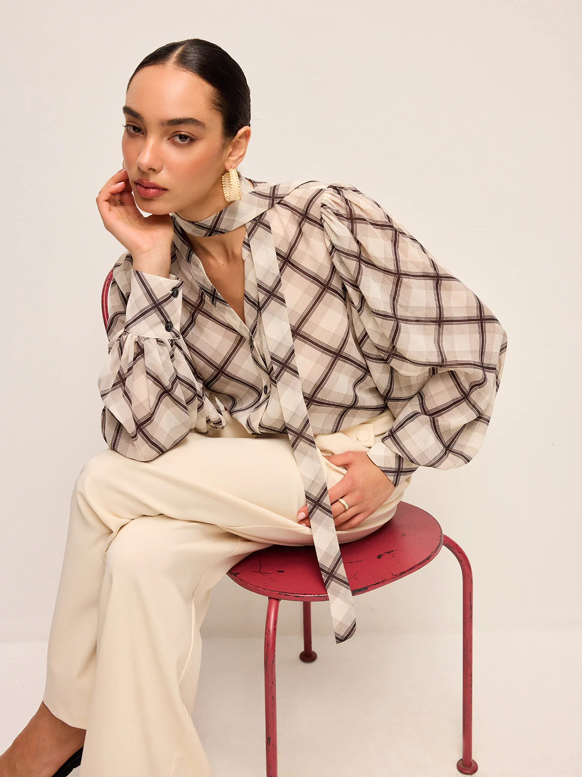 Long-Sleeve Plaid Chiffon Shirt With Neck-Tie Detail - Wholesalesil