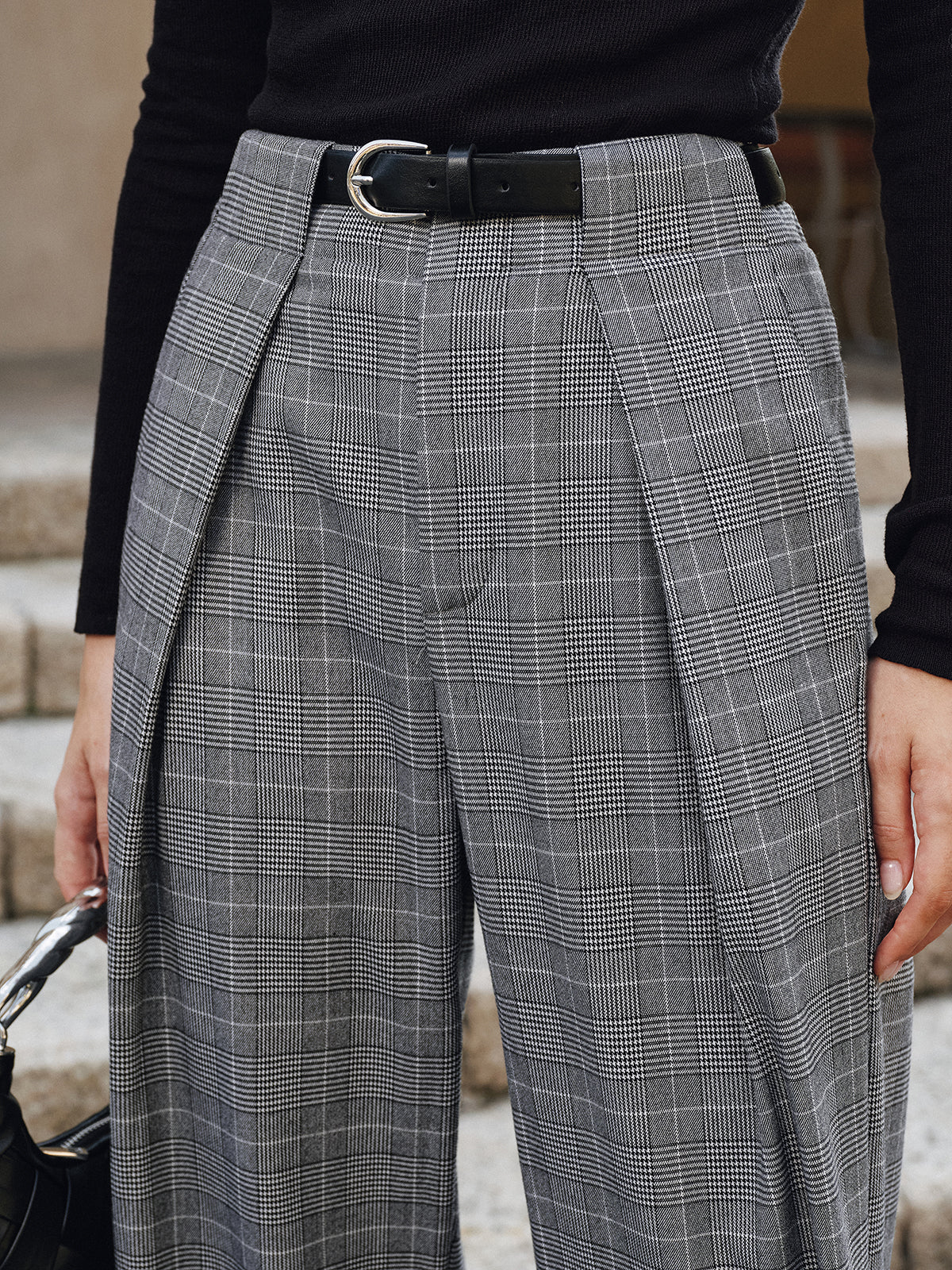 Pleated Plaid Belted Wide-Leg Pants - Wholesalesil