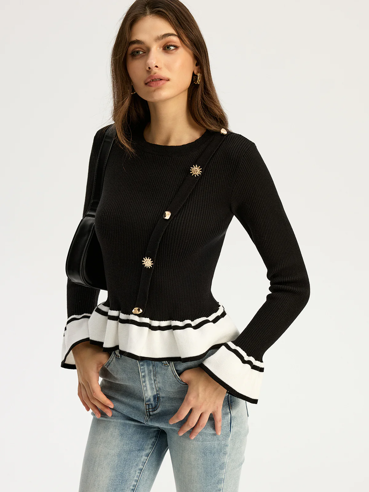 Contrast Ruffled Hem Sweater - Wholesalesil