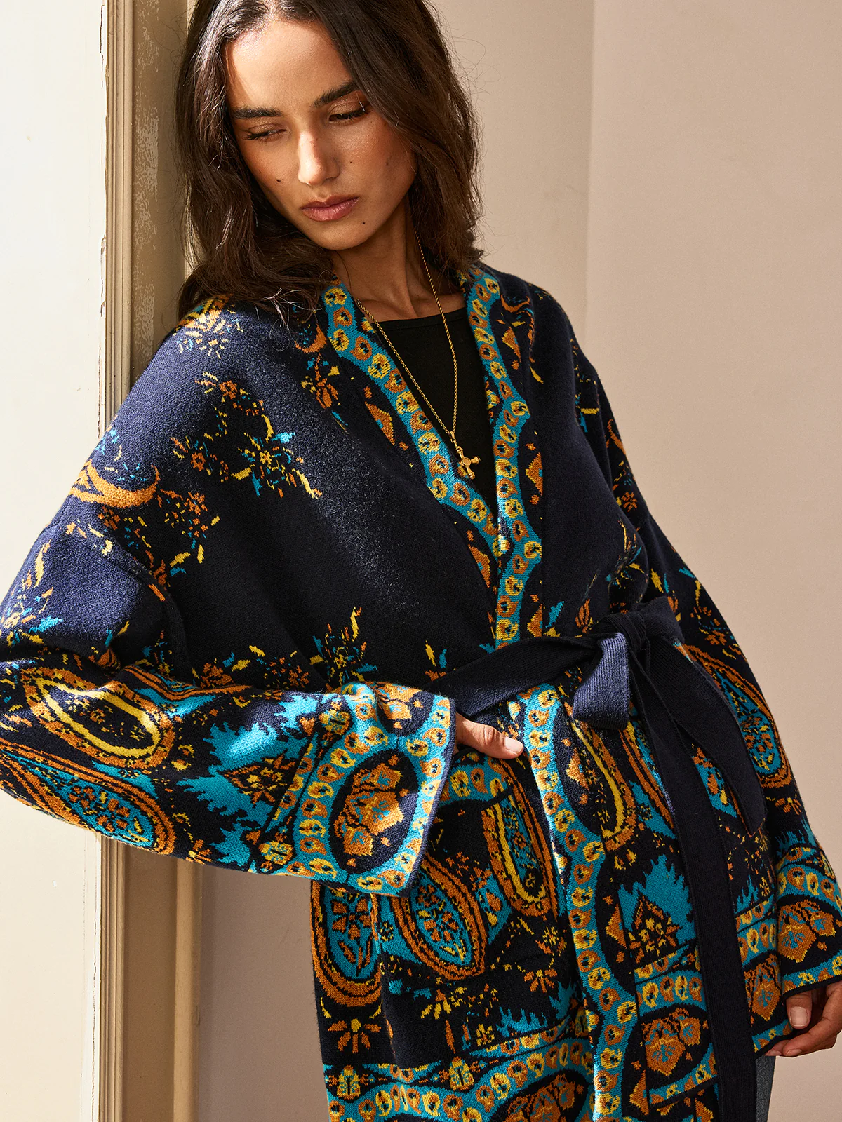 Paisley Print Belted Cardigan - Wholesalesil