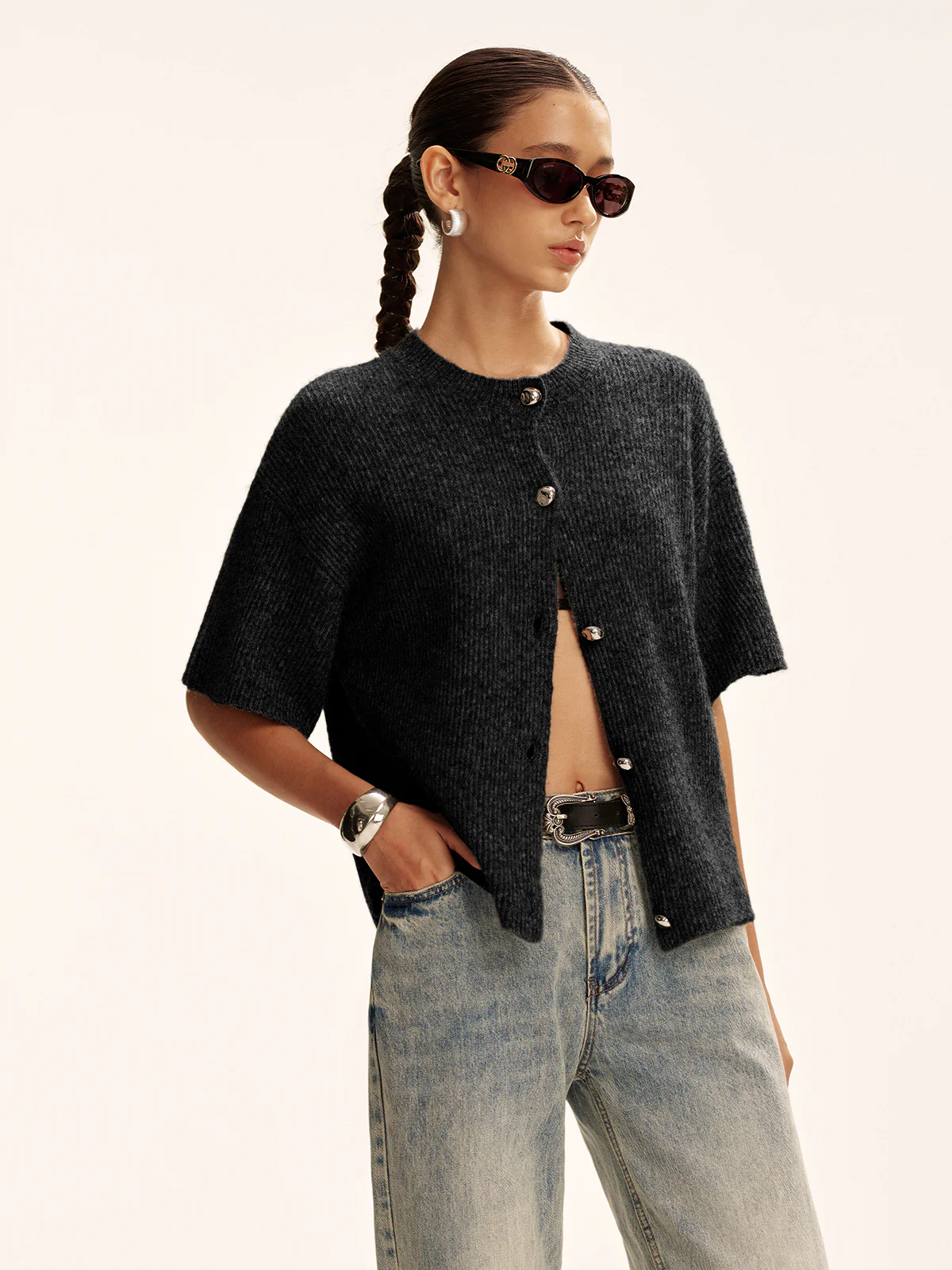 Wool-Blend Short-Sleeved Cardigan - Wholesalesil