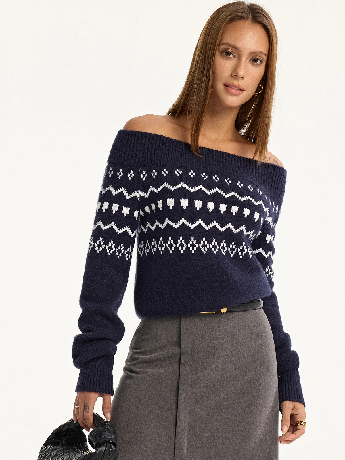 Off-Shoulder Fair Isle Knit Sweater - Wholesalesil