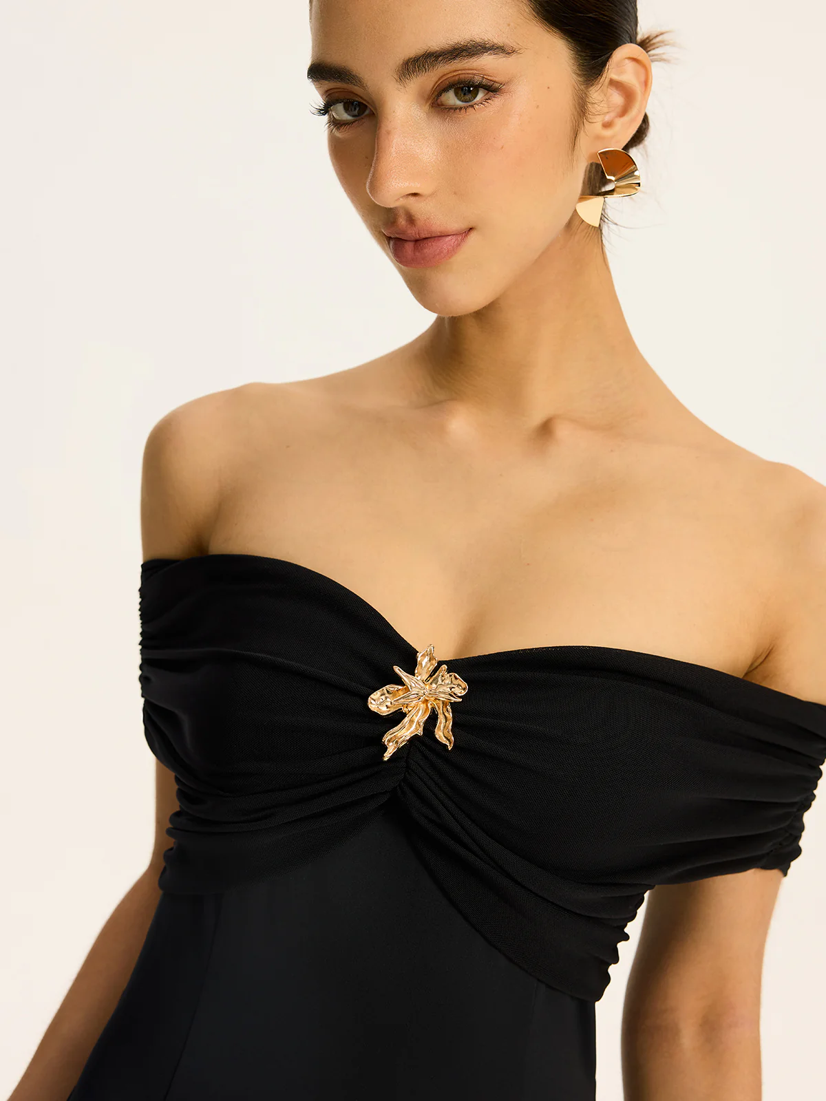 Semi-Sheer Off-Shoulder Ruched Mesh-Paneled Maxi Dress - Wholesalesil