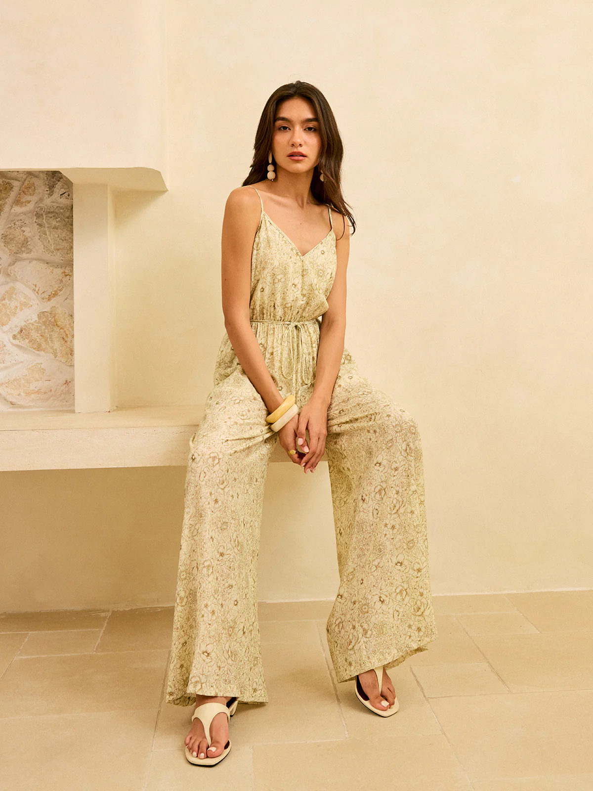 Semi-Sheer Pocketed Wide-Leg Jumpsuit with Tie-Waist - Wholesalesil