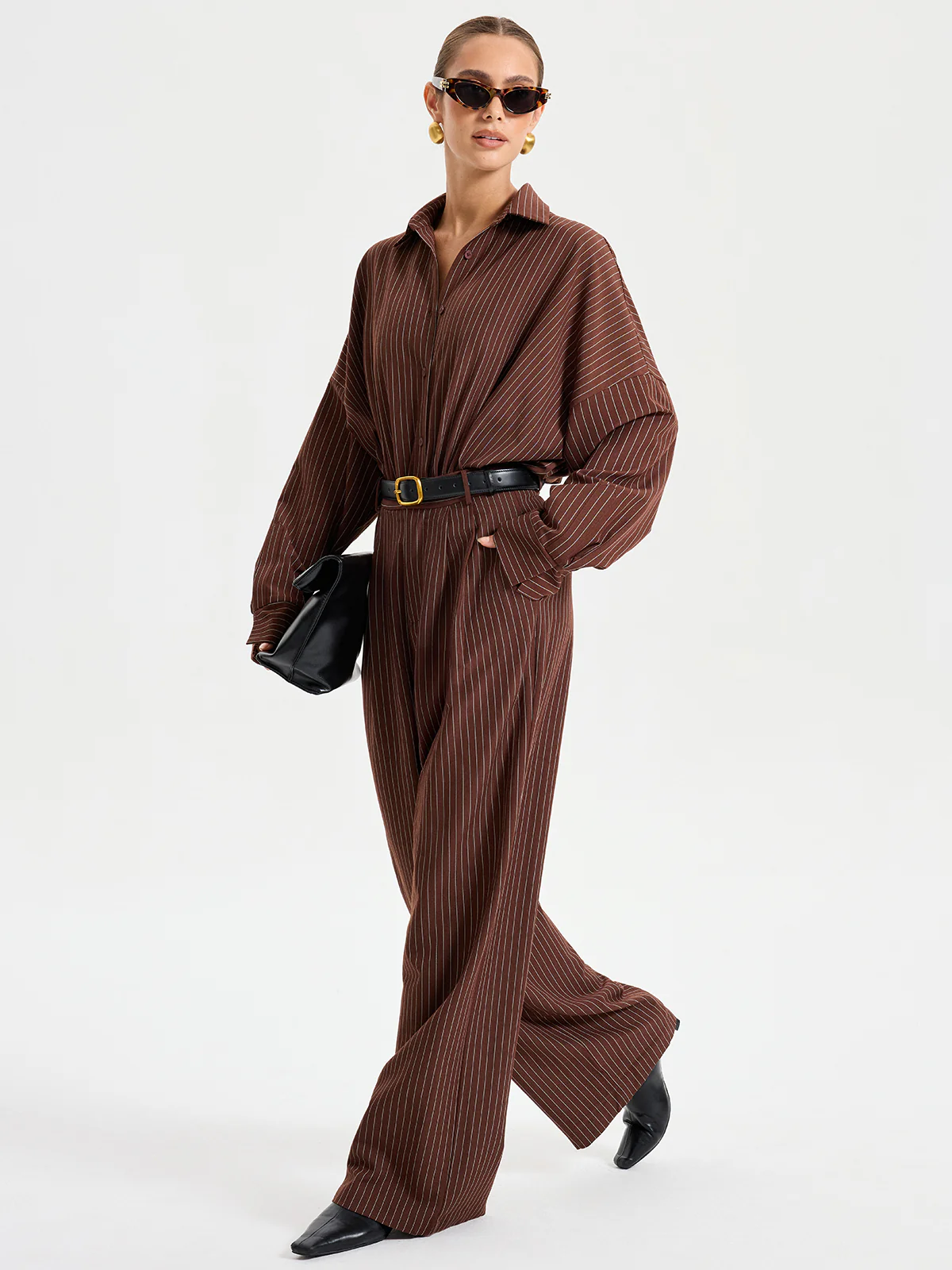 Shirt Collar Pinstripe Long Sleeve Bodysuit - Wholesalesil