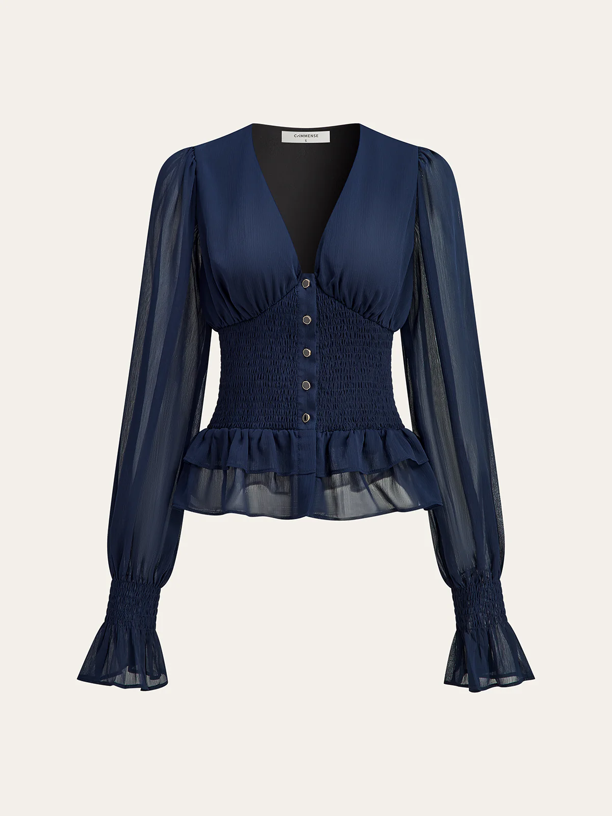 Mesh-Paneled Ruffled Hem Smocked Waist Blouse - Wholesalesil