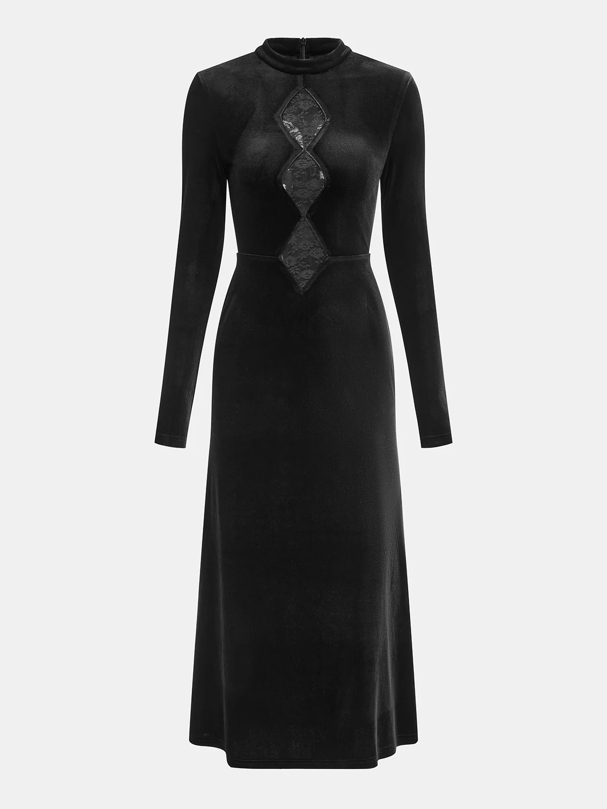 Lace Panel Velvet Long-Sleeve Maxi Dress - Wholesalesil