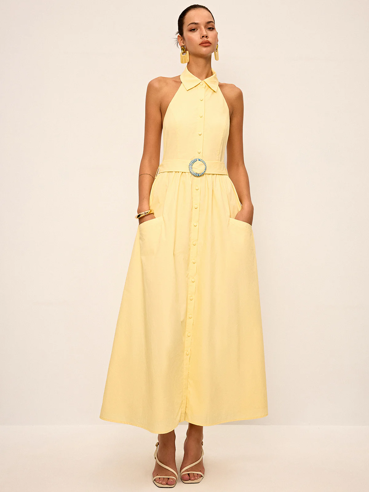 Halter Neck Backless Shirt Dress with Belt - Wholesalesil