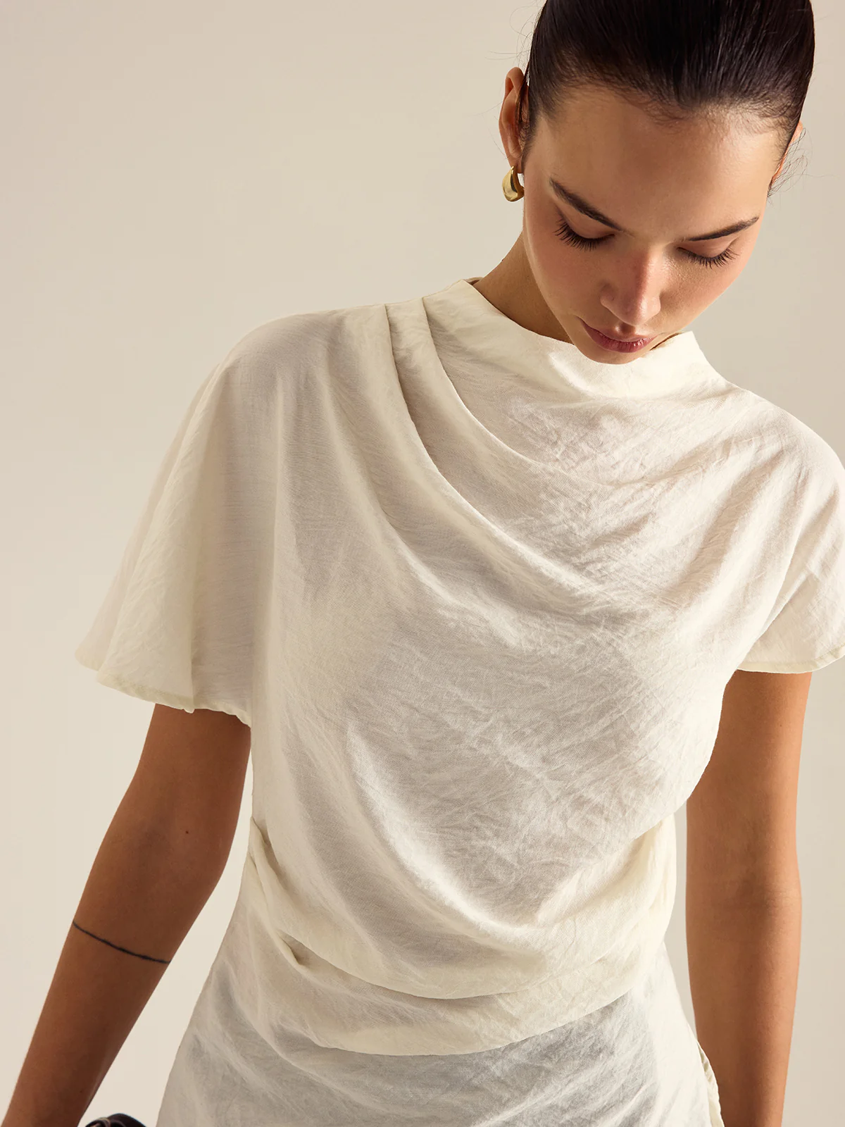 Draped Mock Neck Blouse - Wholesalesil
