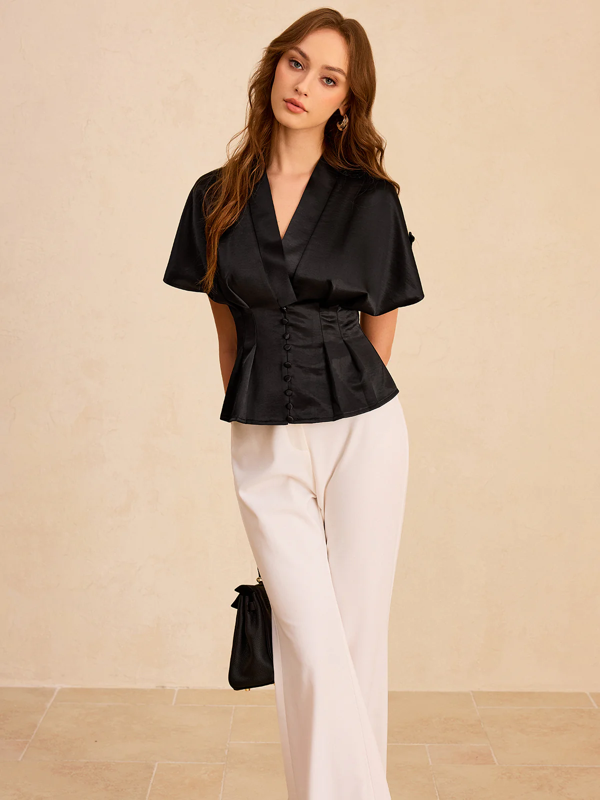 Satin Pleated Button Peplum Top - Wholesalesil