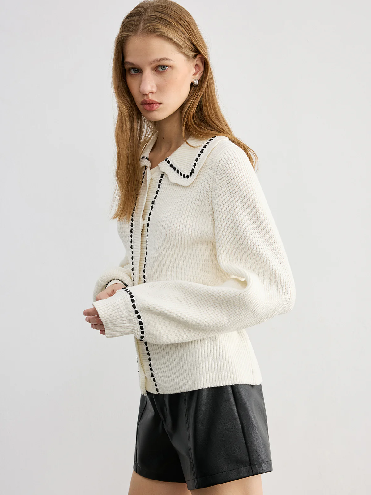 Back Bow Contrast Trim Collared Cardigan - Wholesalesil