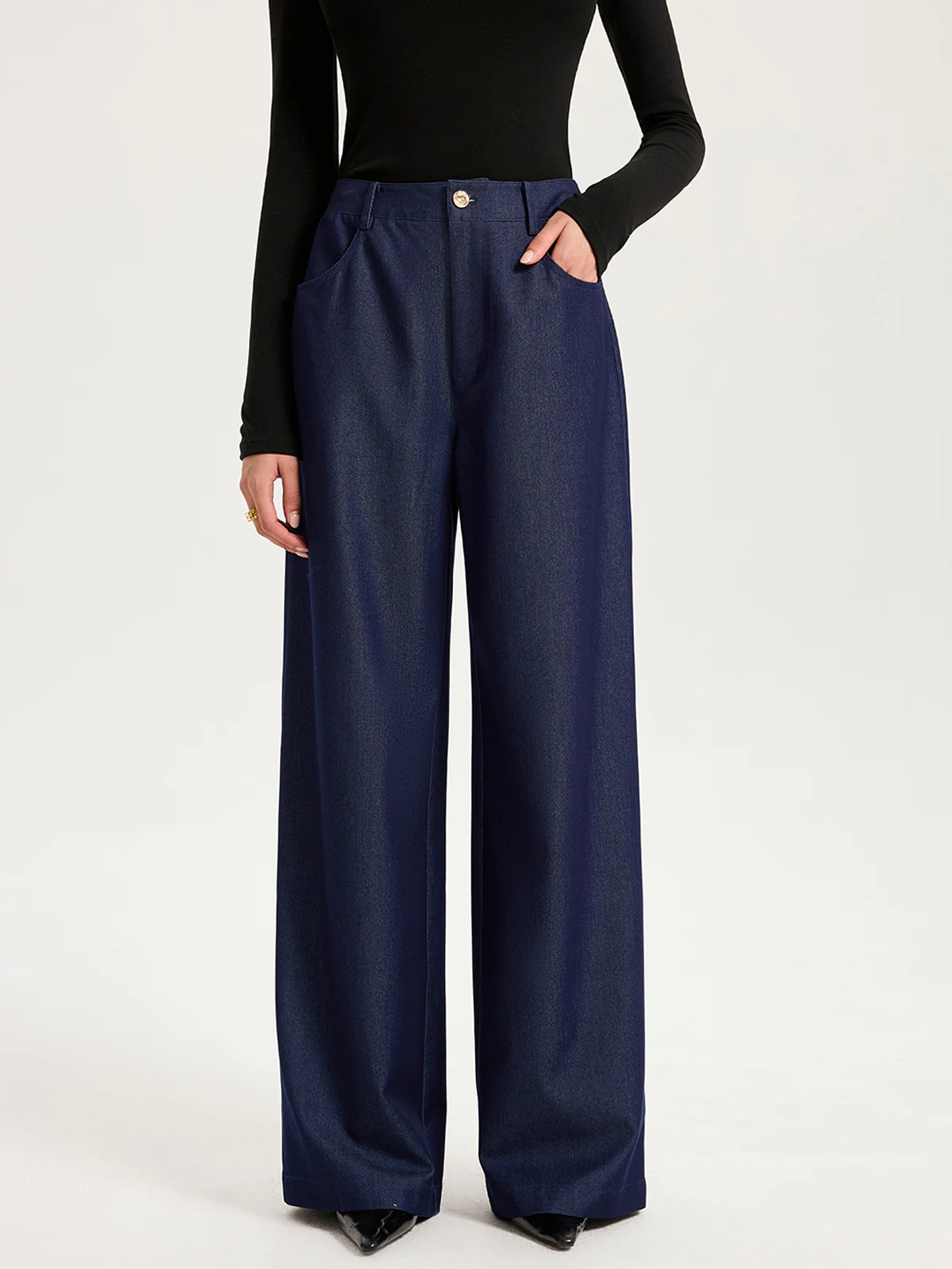High-Waisted Wide-Leg Faux Denim Pants - Wholesalesil
