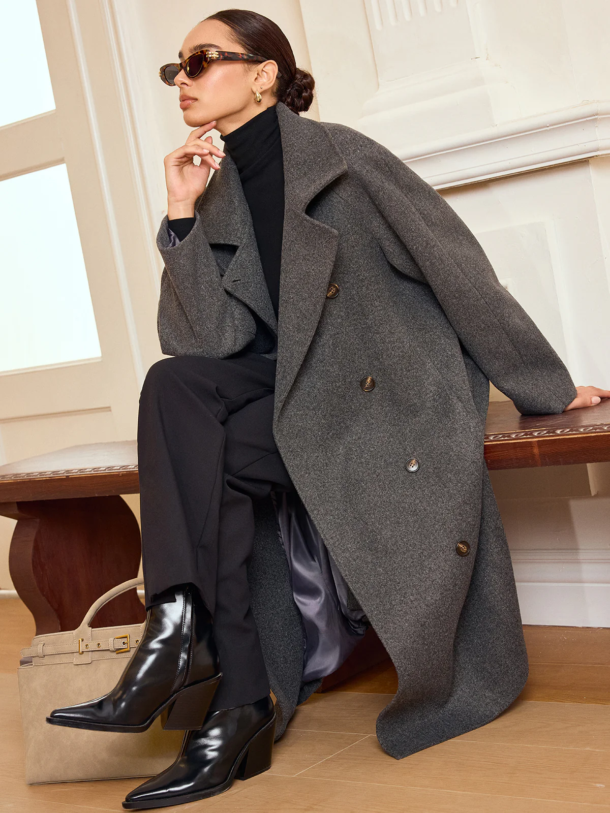 Belted Double-Breasted Tweed Long Coat - Wholesalesil