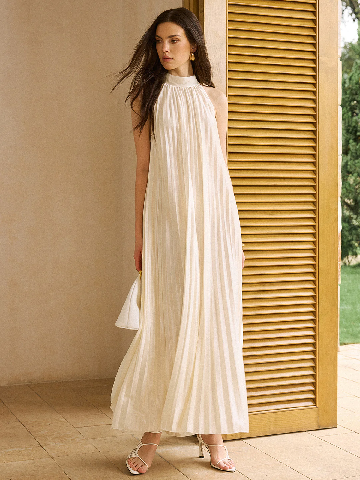 Satin High-Neck Pleated Maxi Dress - Wholesalesil