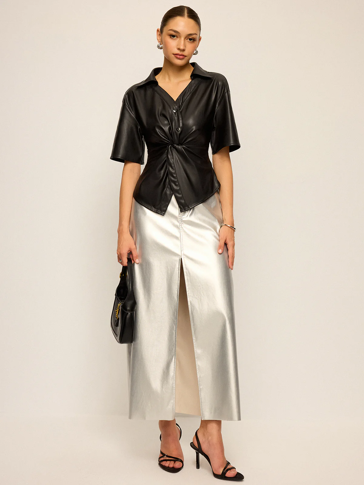 PU Leather Short Sleeve Twisted Blouse - Wholesalesil