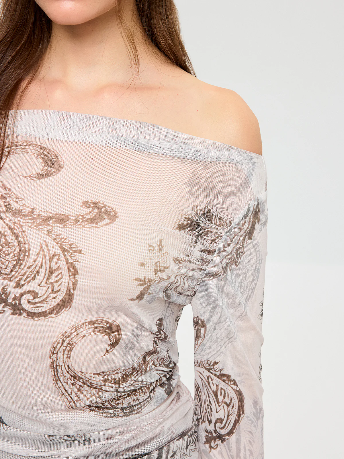 Paisley Print Off-Shoulder Sheer Mesh T-Shirt - Wholesalesil
