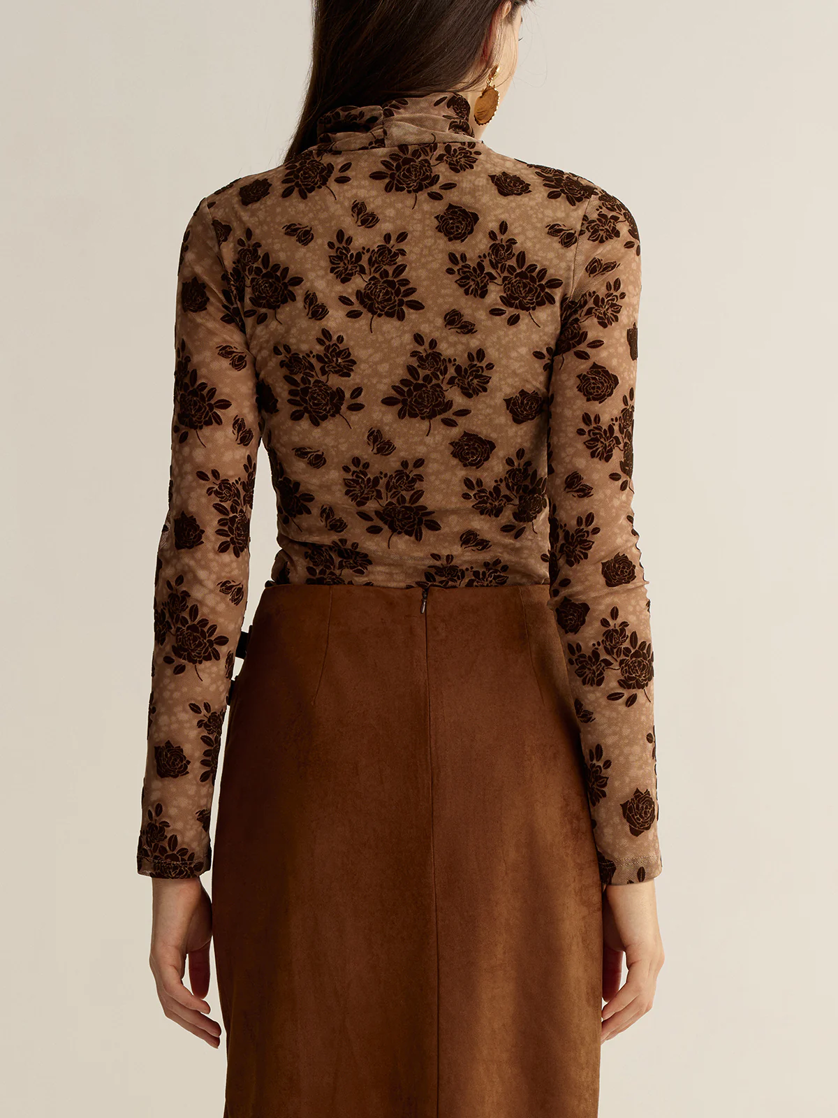 Floral Mesh Mock Neck Long Sleeve Top - Wholesalesil