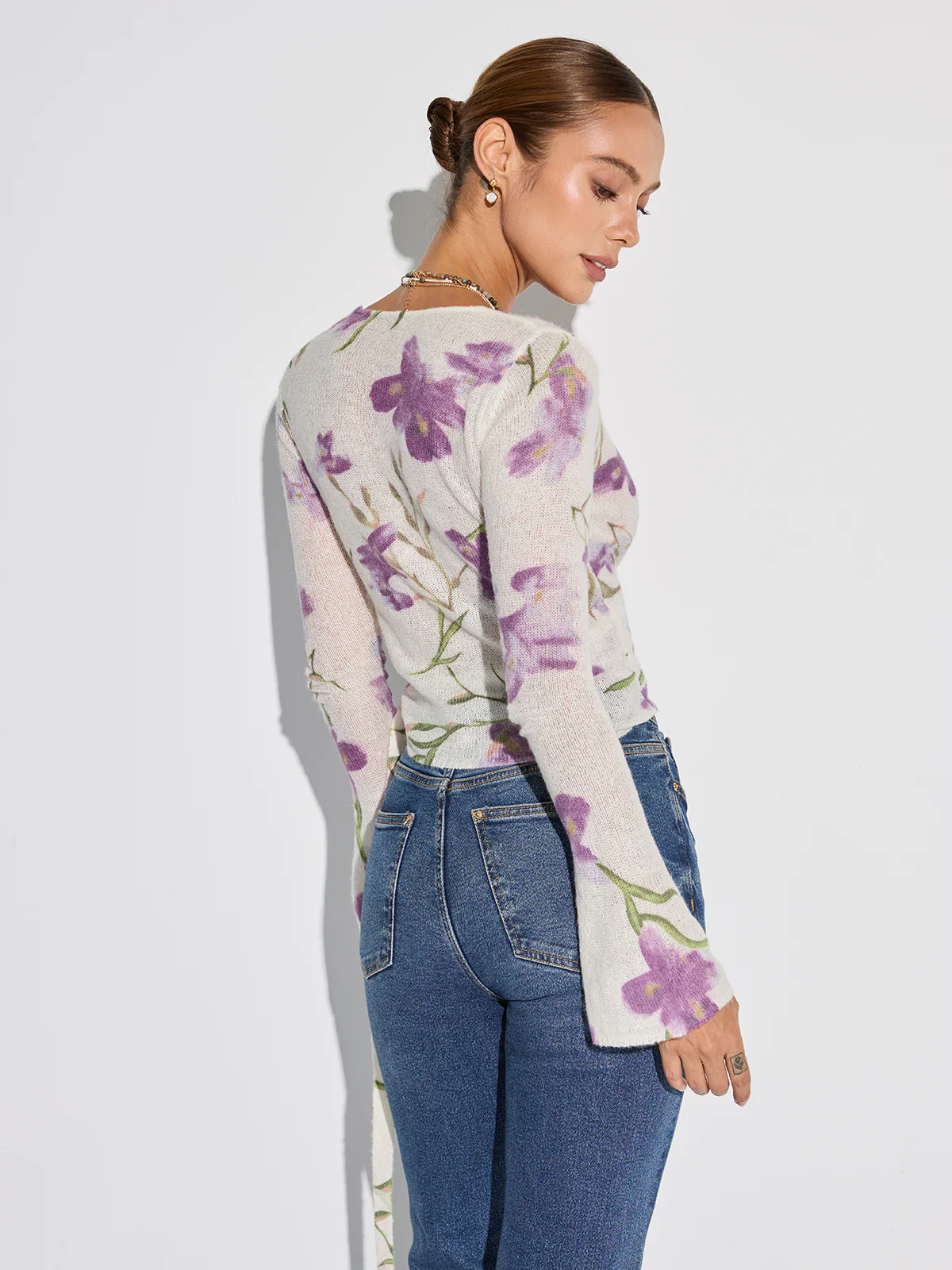 Floral Print Wrap Tie Knit Top - Wholesalesil