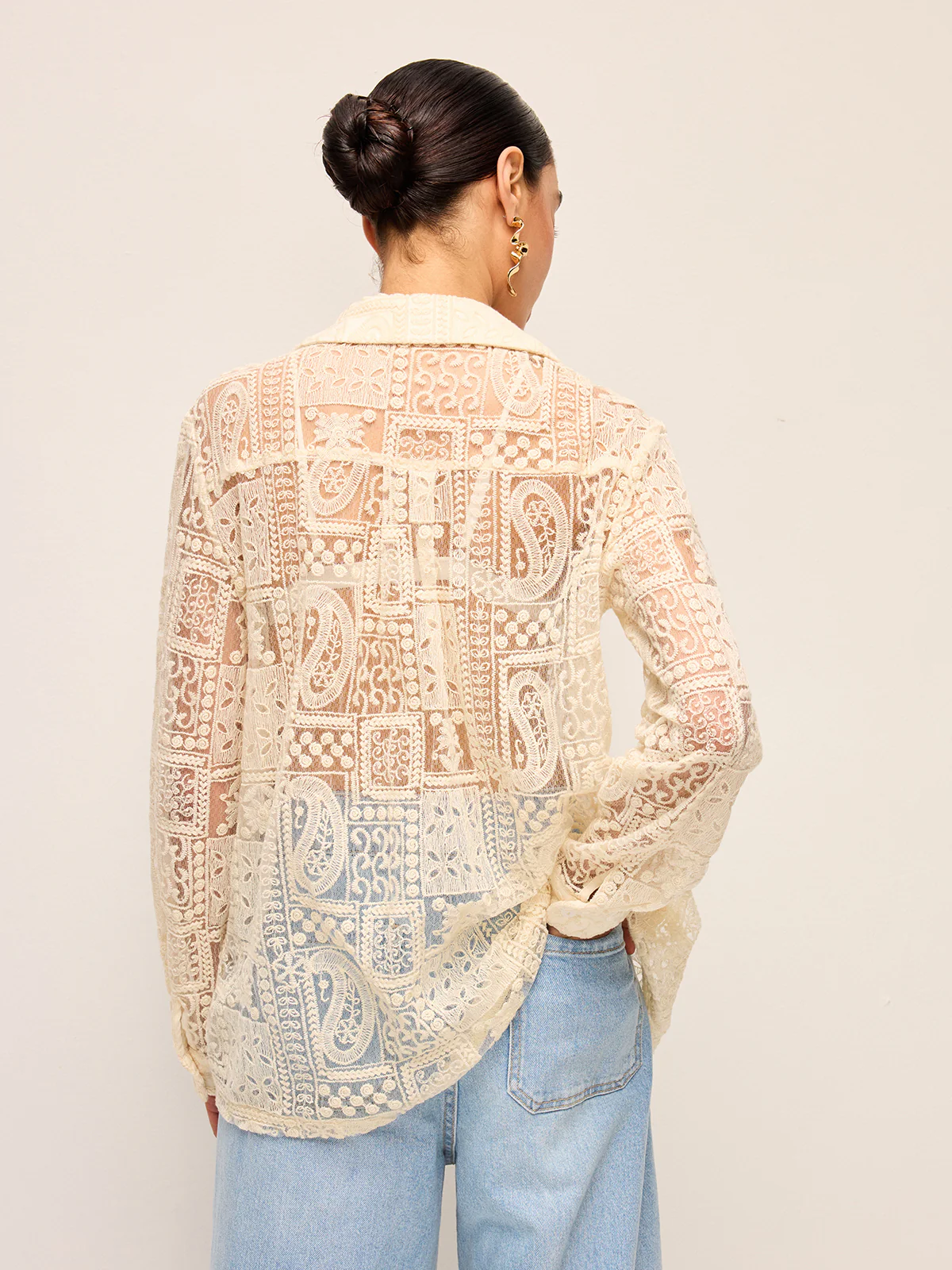 Long-Sleeve Lace Polo Collar Cotton-Blend Shirt - Wholesalesil