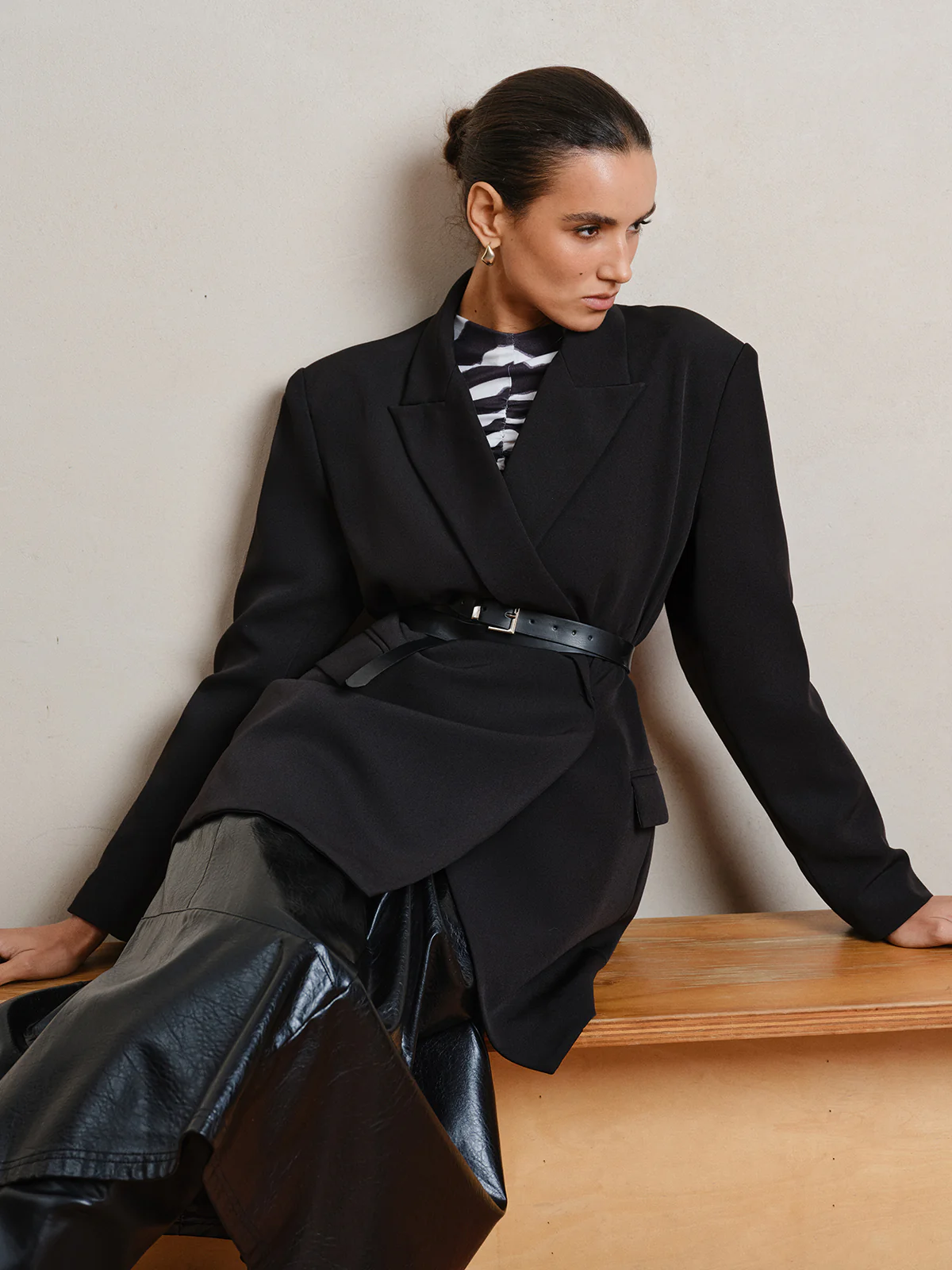 Belted Long Sleeve Lapel Blazer - Wholesalesil