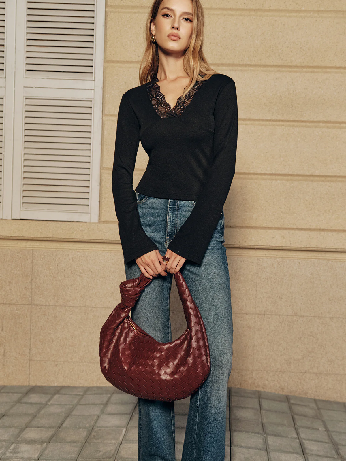 Lace Trim V-Neck Long Sleeve Top - Wholesalesil