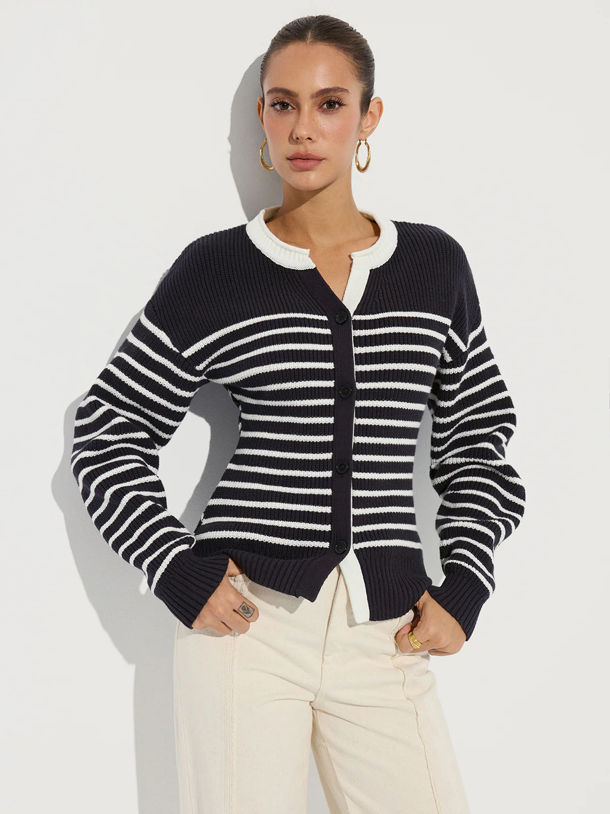 Striped Button-Front Knit Cardigan - Wholesalesil