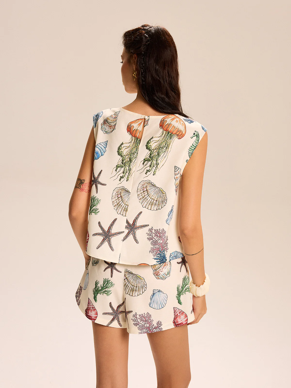 Seashell Print Sleeveless Top and Shorts Set - Wholesalesil