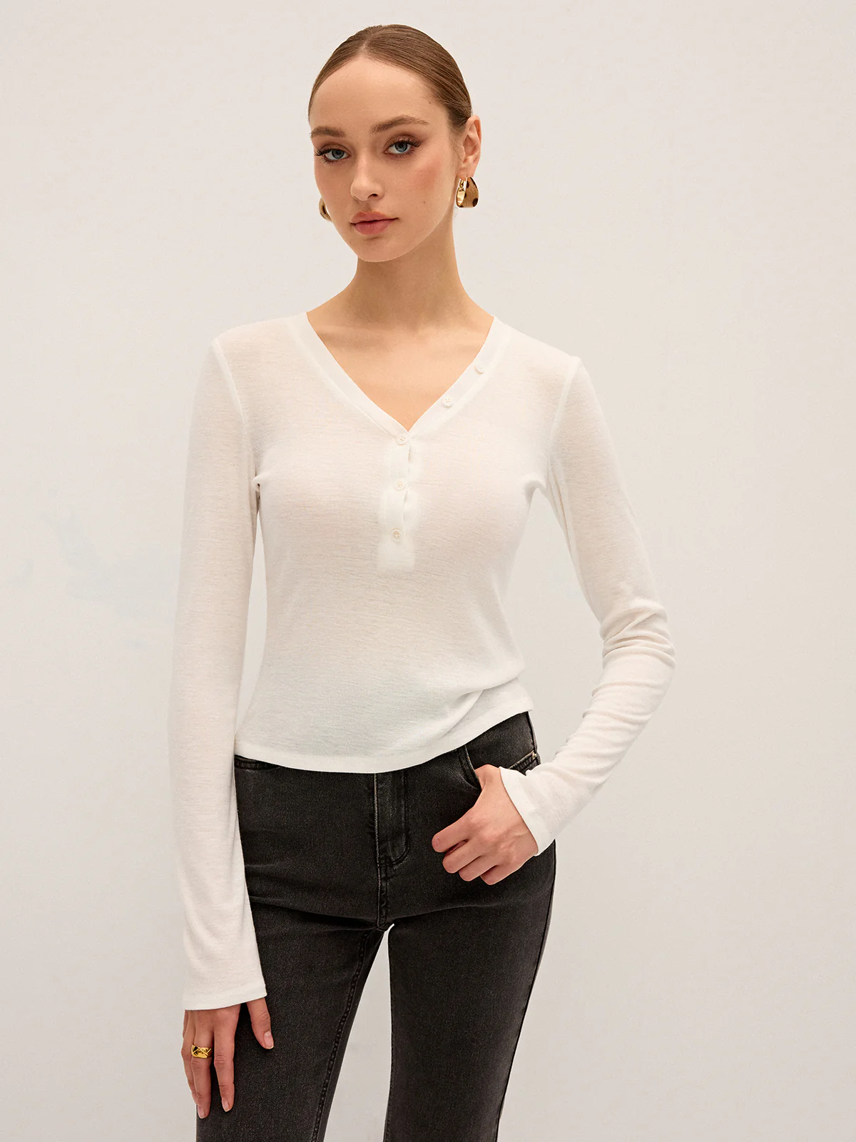 Long Sleeve V-Neck Button T-Shirt - Wholesalesil