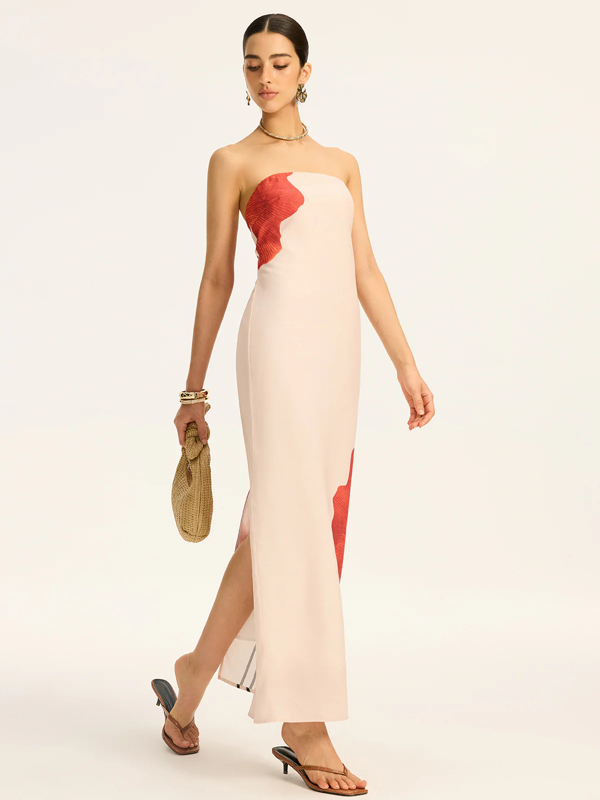 Strapless Printed Maxi Dress with Back Bow and Slit - Wholesalesil